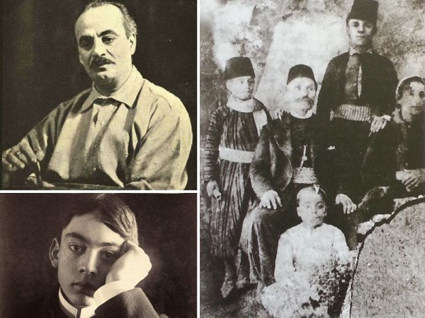 Kahlil Gibran as an adult, a youth, and with his family (standing on the left of his father).