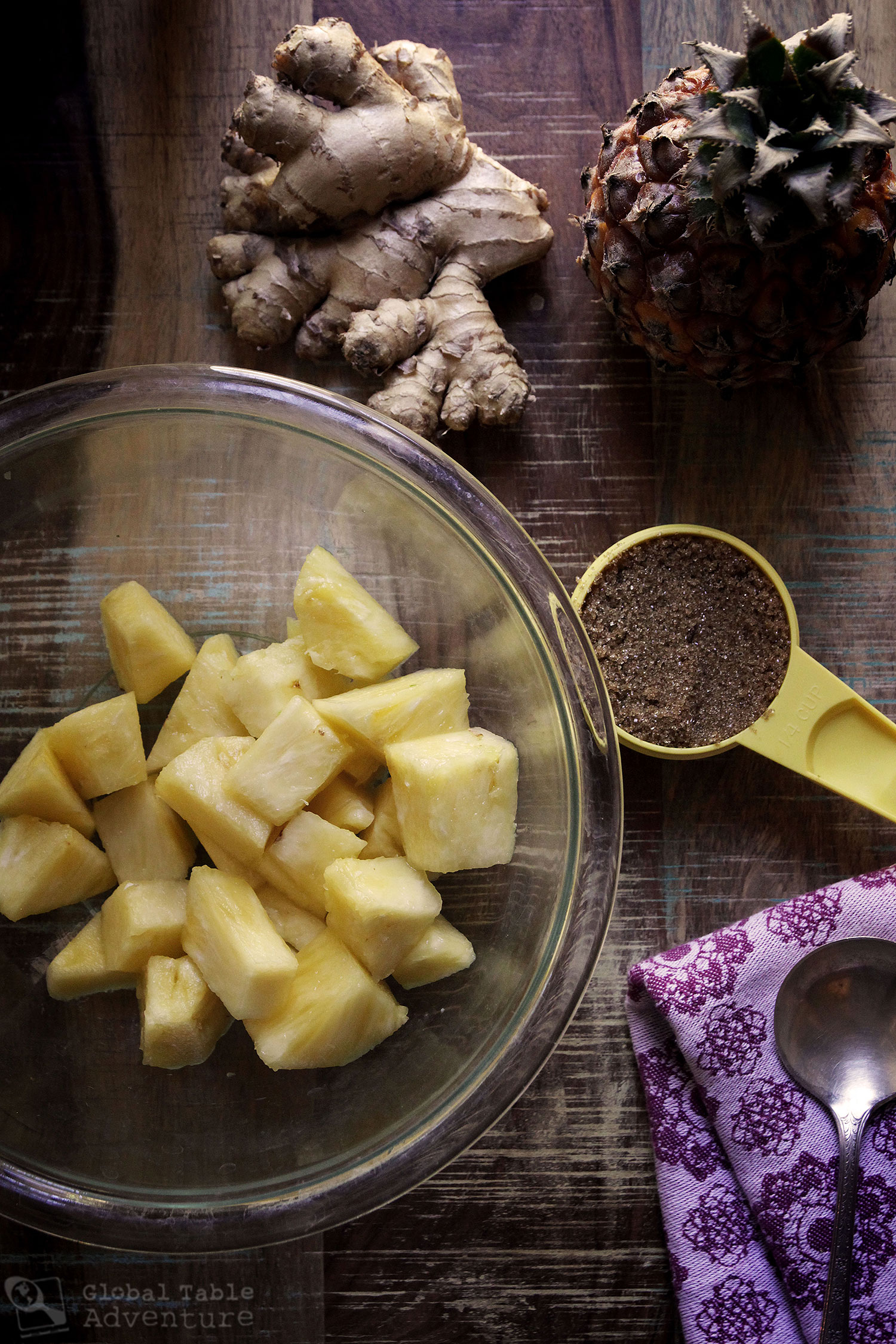 Recipe for Gingered Pineapple Sundae with toasted coconut flakes