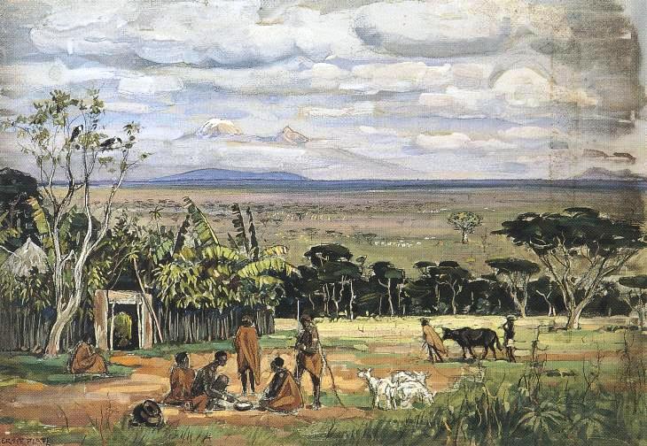 Ernst Platz, Eingeborenensiedlung vor dem Kilimandscharo, 1898